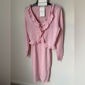 Willow & Wind Pink Lace Ruffle Cardigan & midi Dress